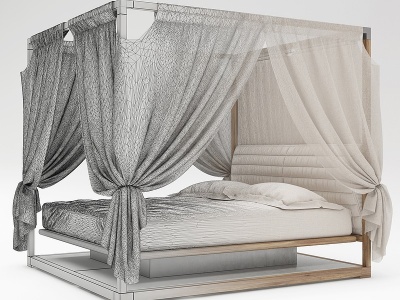 3d新中式双人床窗帘模型