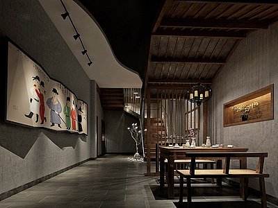 3d中式餐饮门厅过道楼梯模型