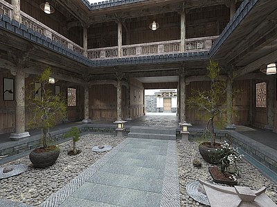 3d复古中式庭院模型