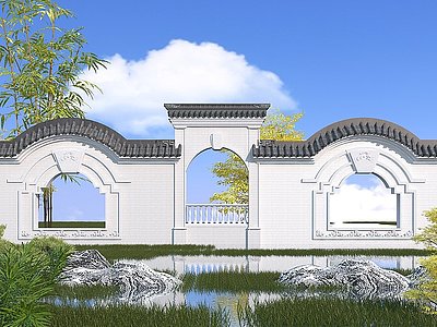 3d中式园林景观墙模型