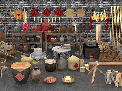中式农具酒坛辣椒石磨粮食模型