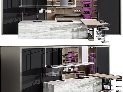 现代开放式厨房吧台橱柜模型3d模型