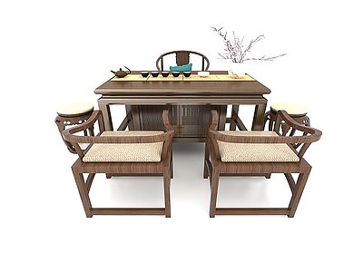 新中式风格书桌茶桌模型3d模型