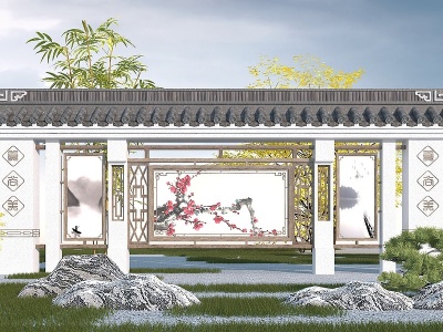 中式园林景观墙3d模型