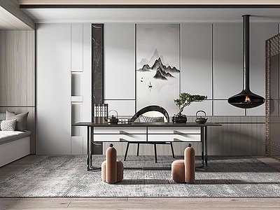 3d新中式风格茶室书房模型