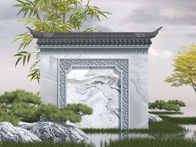 3d新中式石材照壁模型