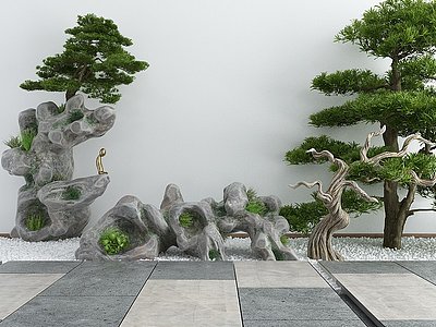 新中式庭院假山松柏模型