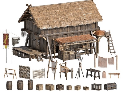 北欧古建筑茅草屋模型
