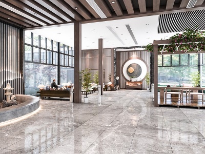 3d新中式酒店大堂休闲室模型