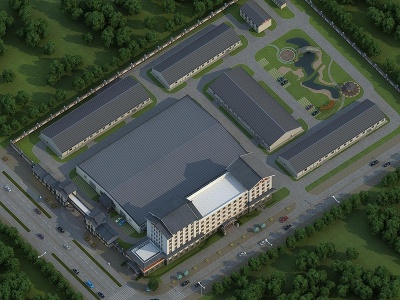 中式药厂办公楼厂房鸟瞰模型3d模型
