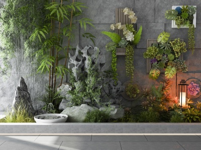 现代假山绿植竹子园艺小品3d模型