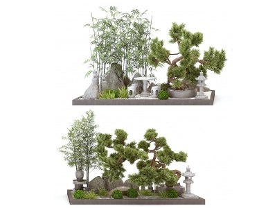3d新中式松树翠竹景观小品模型