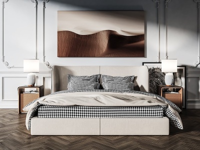 3d现代双人床挂画床头柜模型