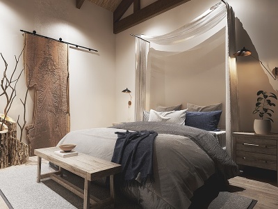 3d新中式民宿卧室模型