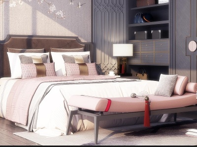 3d新中式卧室床具组合模型