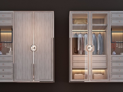 3d新中式实木玻璃衣柜组合模型