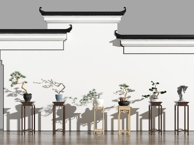 3d新中式绿植盆栽马头墙组合模型