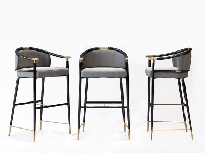 3d新中式实木布艺吧椅组合模型