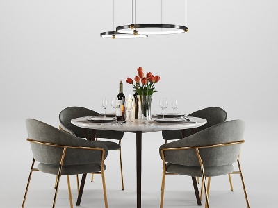 现代餐桌椅吊灯组合模型