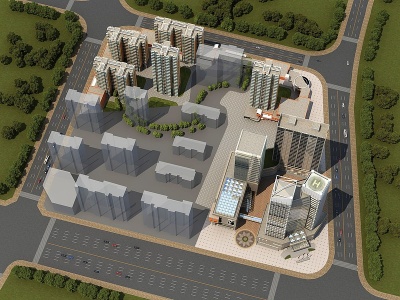 3d现代住宅楼办公楼鸟瞰模型
