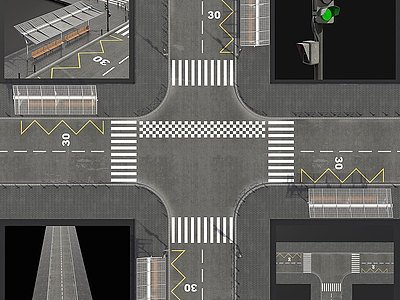 3d现代十字马路街道模型