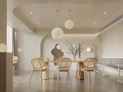 3d侘寂风餐厅餐桌椅吊灯模型
