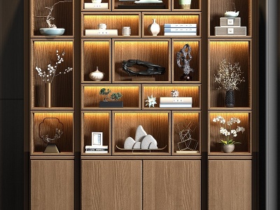 3d新中式实木装饰柜子饰品模型