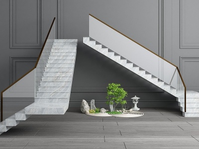 现代大理石楼梯玻璃扶手模型