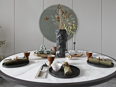 3d新中式,圆形餐桌餐具模型