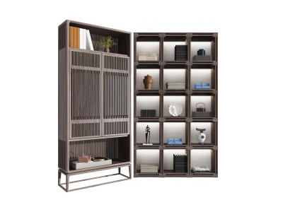 3d新中式实木书柜,装饰柜模型