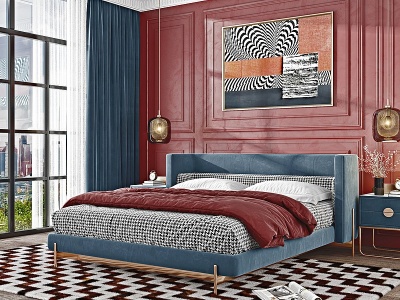 3d美式卧室绒布双人床模型
