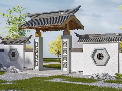 新中式大门院子大门模型