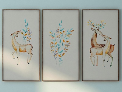 3d北欧装饰画鹿叶挂画壁画模型
