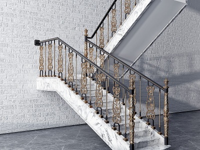 3d简欧法式金属雕花楼梯护栏模型