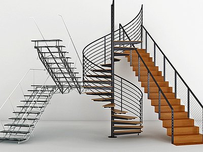 3d工业风铁艺钢架旋转楼梯模型