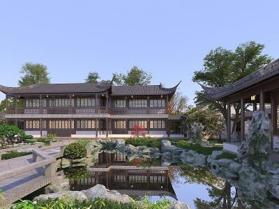 3d新中式古建庭院花园模型