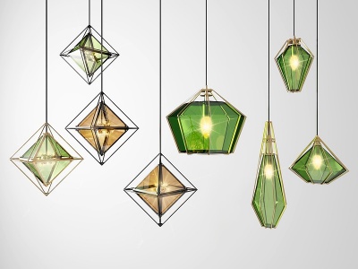 3d现代几何玻璃小吊灯组合模型