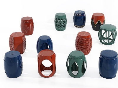 中式陶瓷鼓凳坐墩组合模型3d模型