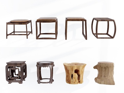中式实木圆凳矮凳凳子组合模型3d模型