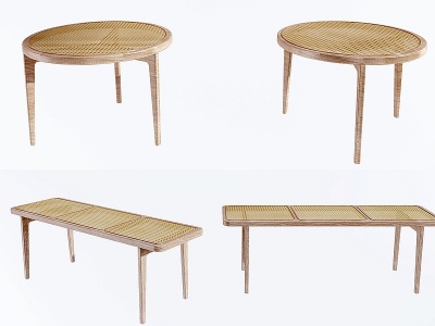 现代竹编圆桌长凳模型