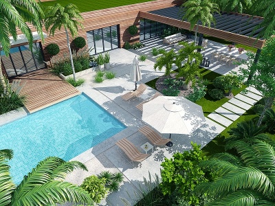 3d现代景观庭院花园泳池鸟瞰模型
