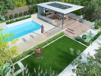 3d现代景观庭院花园鸟瞰模型