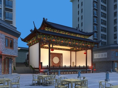 3d中式夜景戏台古建模型