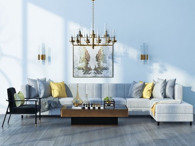 现代沙发茶几吊灯组合模型