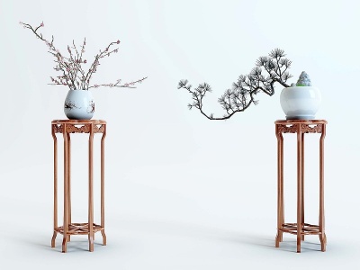 3d中式高脚花架盆栽模型