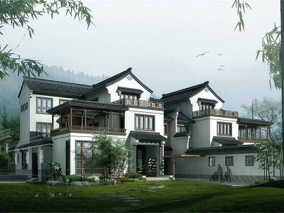 3d中式双拼别墅建筑外观模型