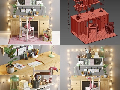 北欧儿童书桌椅工作台模型3d模型