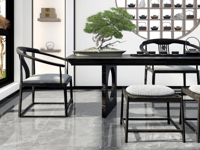 3d新中式实木茶桌椅组合模型