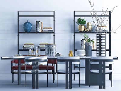 现代餐桌椅书架组合模型3d模型