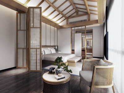 3d新中式民宿酒店客房模型